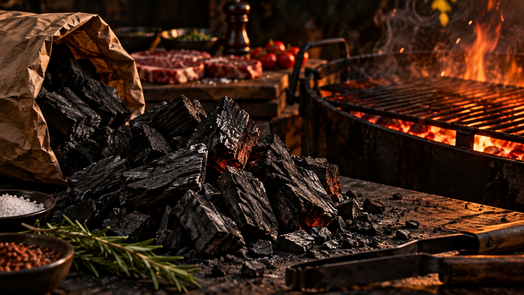 Bolsas de carbón y brasas preparadas para un asado