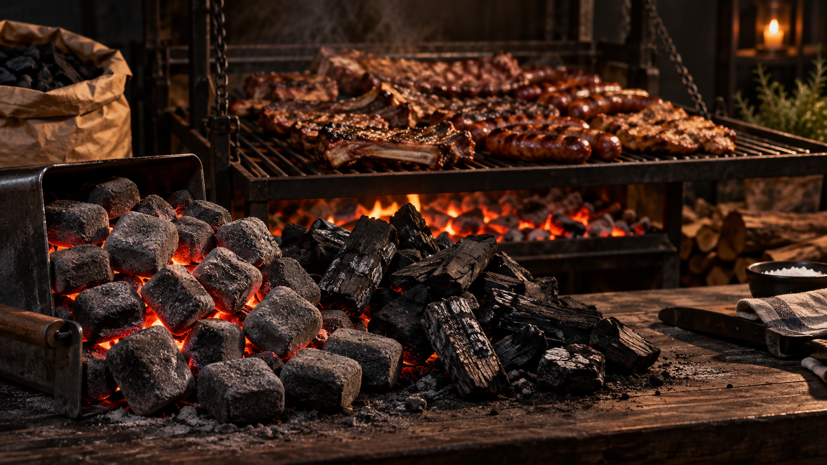 Carbón encendido en una parrilla preparado para cocinar diez kilos de carne