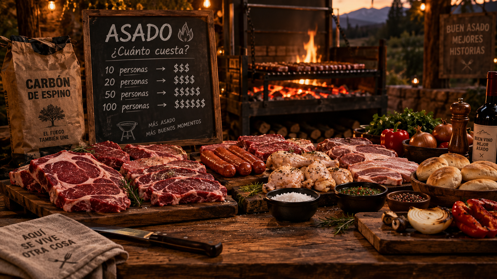 Mesa preparada para un asado grande con carnes y acompañamientos
