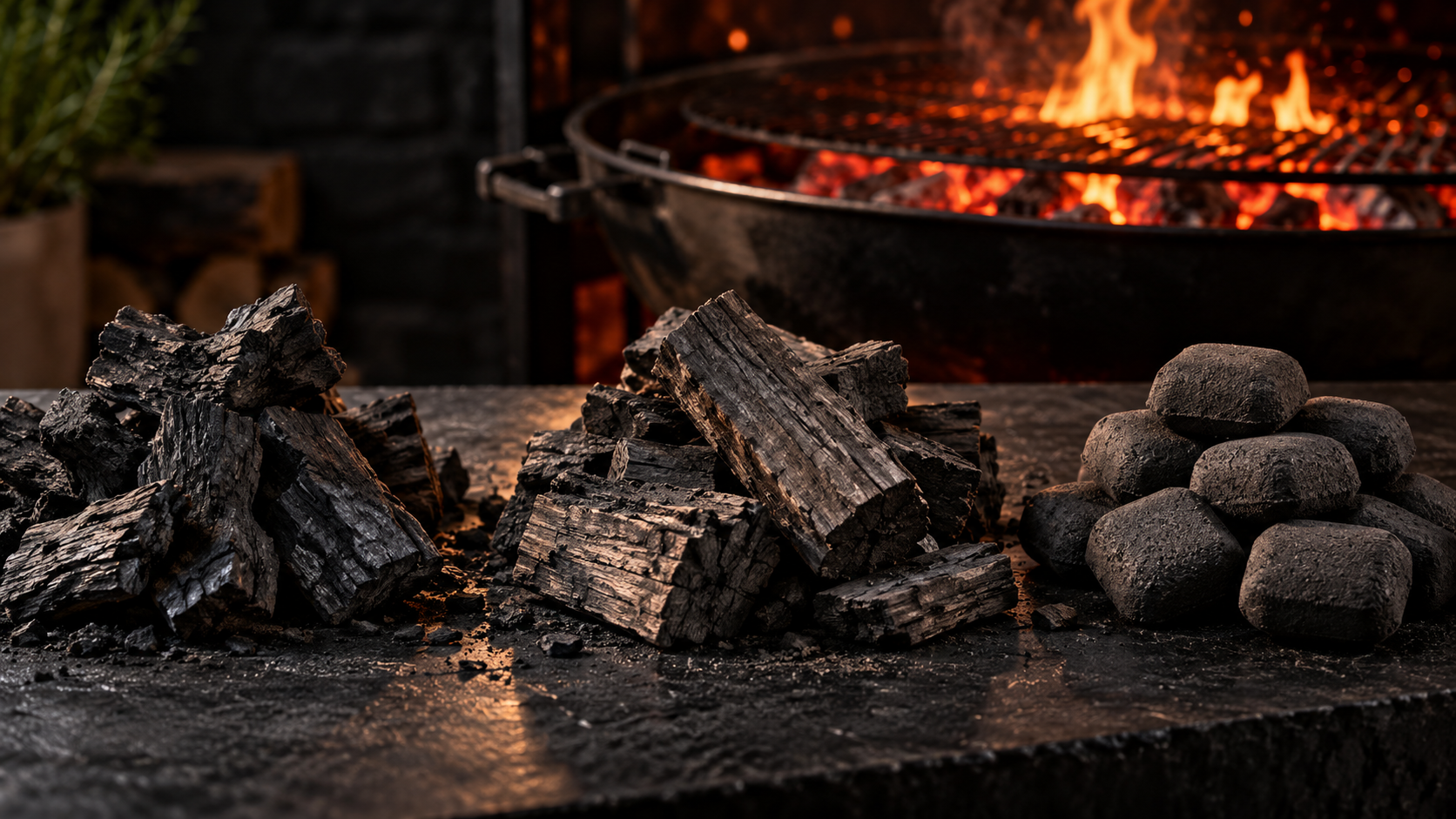 Distintos tipos de carbón para asado comparados junto a una parrilla