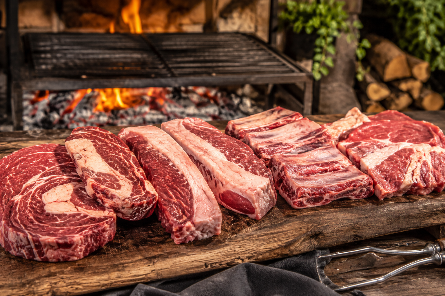 Distintos cortes de carne preparados para organizar un asado