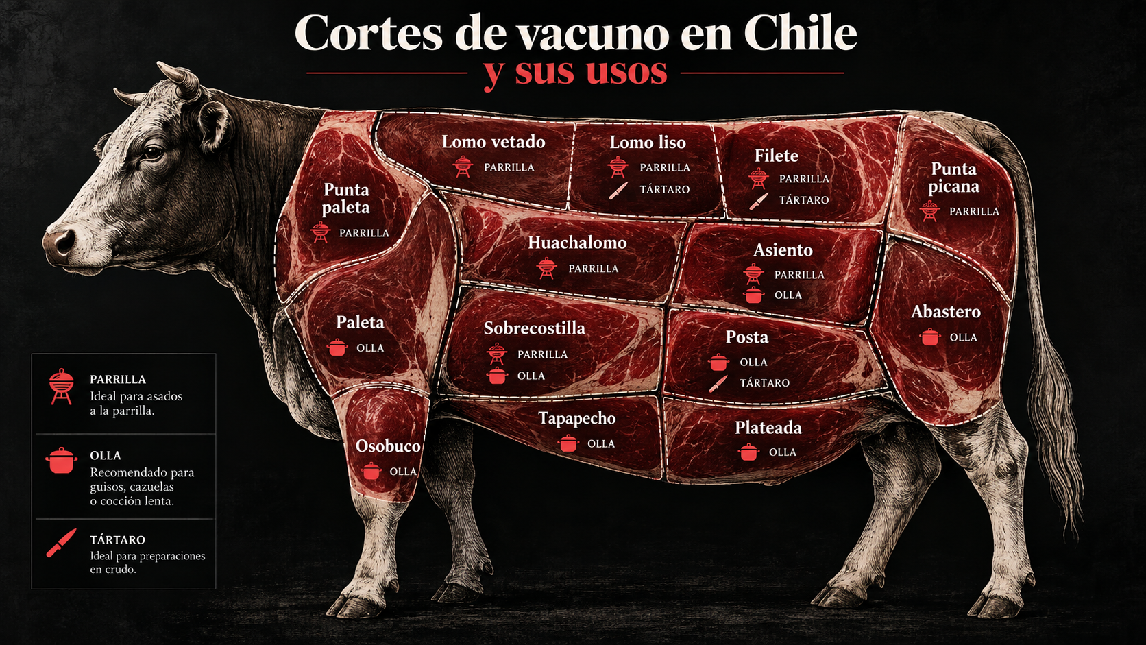 Diferentes cortes de carne de vacuno preparados para elegir qué cocinar en Chile
