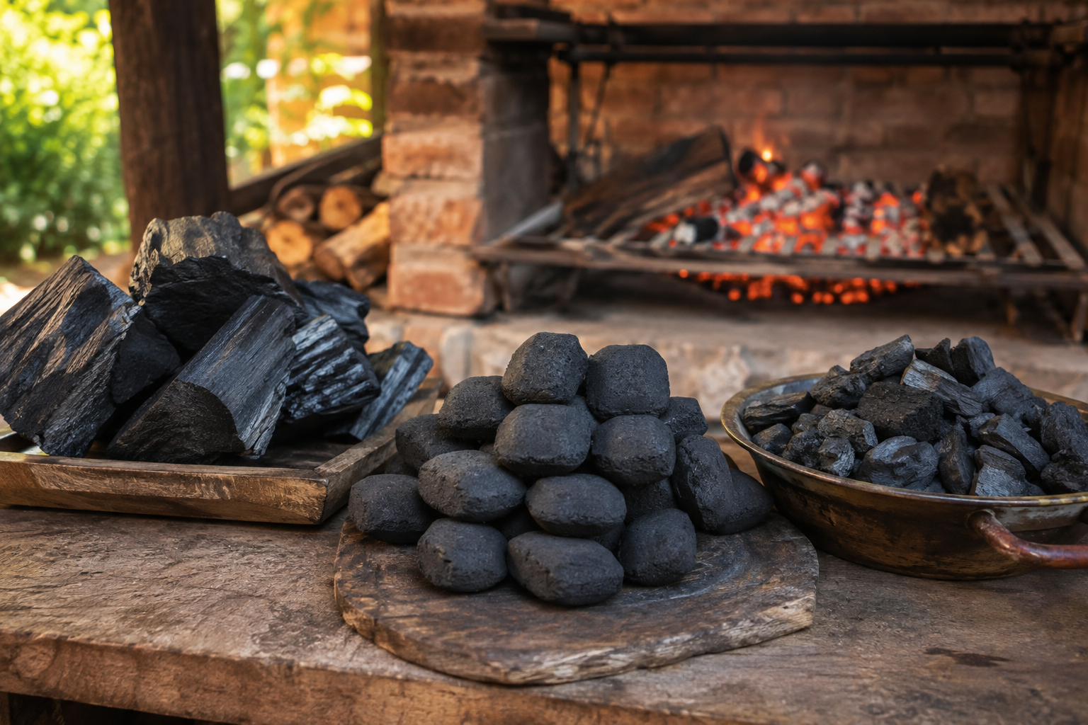 Distintos tipos de carbón para parrilla junto a una barbacoa encendida