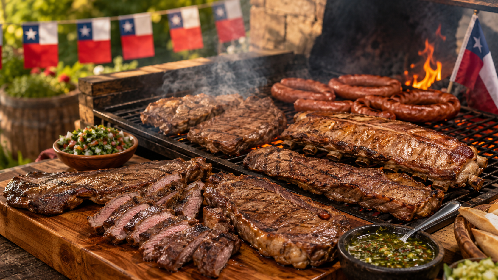 Cortes económicos cocinándose en una parrilla chilena