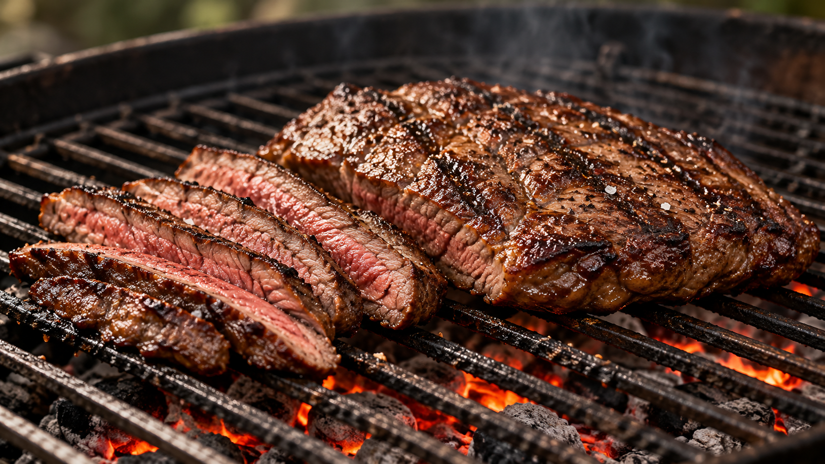 Flat iron sellado y dorado sobre una parrilla con brasas
