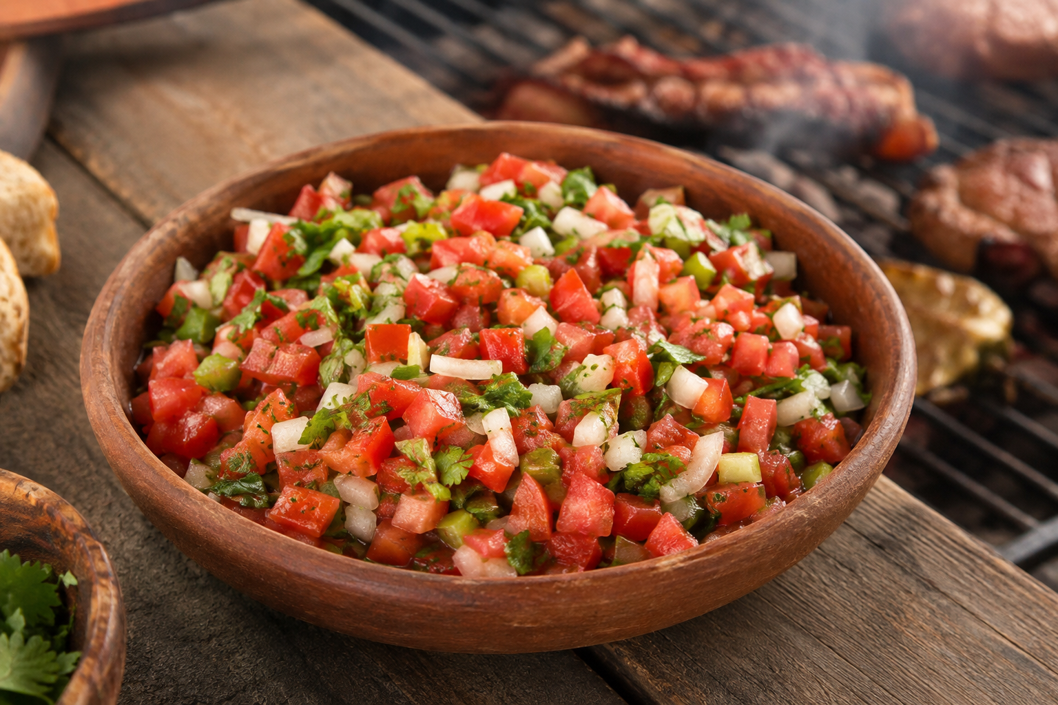 Pebre chileno casero servido en un pocillo junto a pan y parrilla