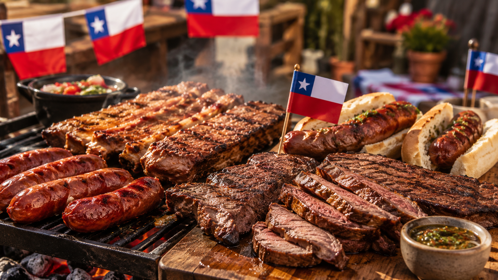 Parrilla de Fiestas Patrias con carnes, chorizos y banderas chilenas